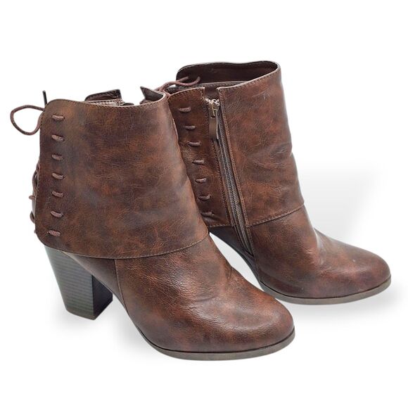 JG Brown Heeled Ankle Boots Size 8.5 – Stacked Heel, Lace-Up Back, Zip Side - Picture 6 of 8
